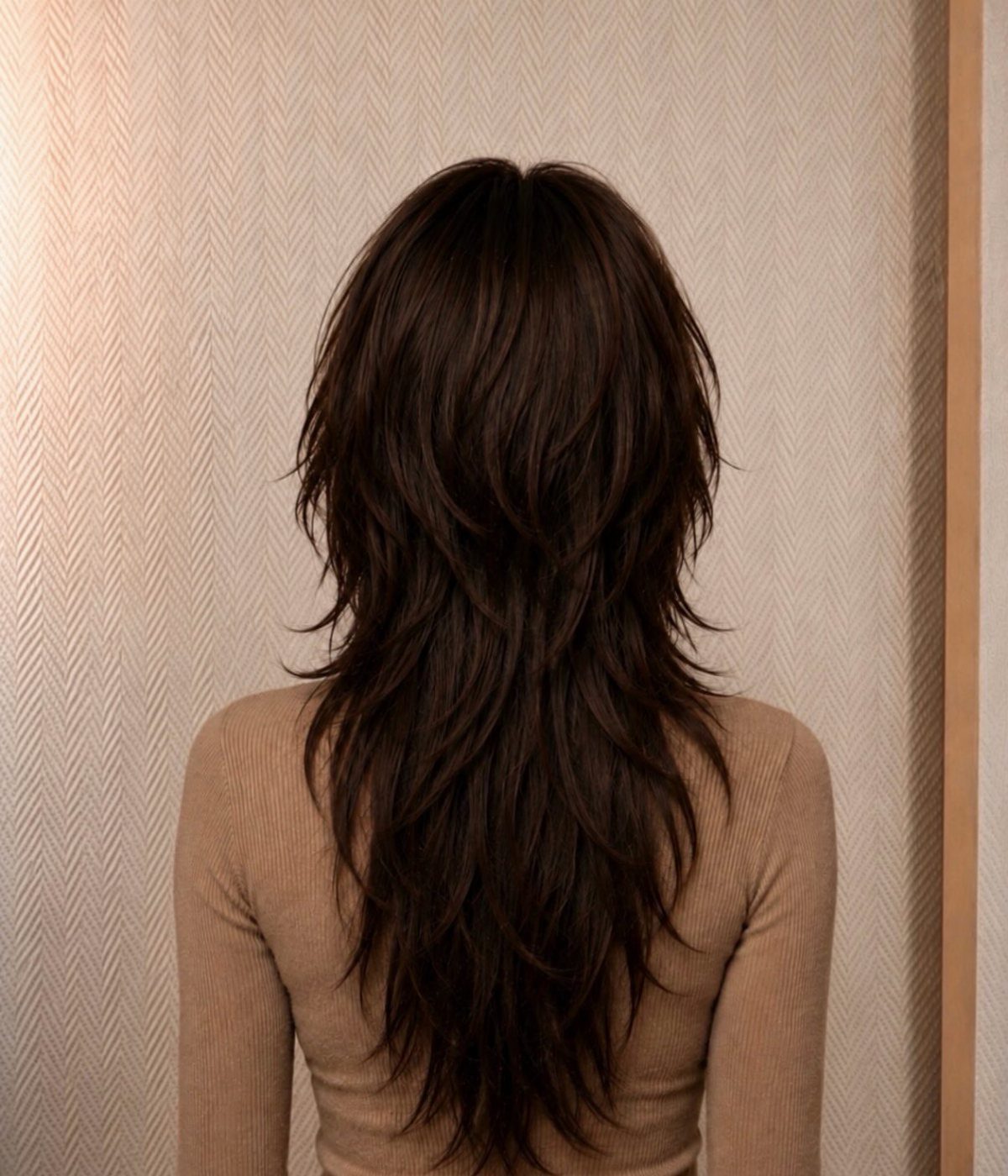 Long dark brown hair with a heavily layered shag cut seen from behind.