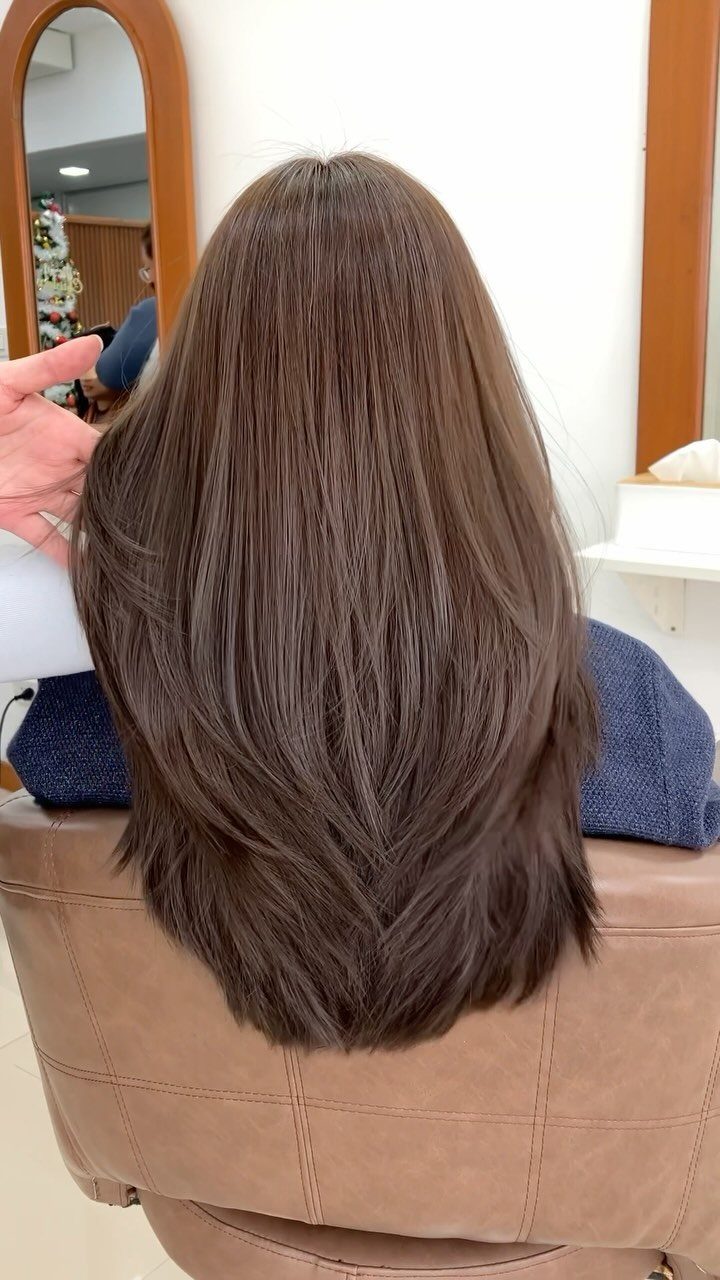 Long brown hair styled in a V-cut seen from the back in salon