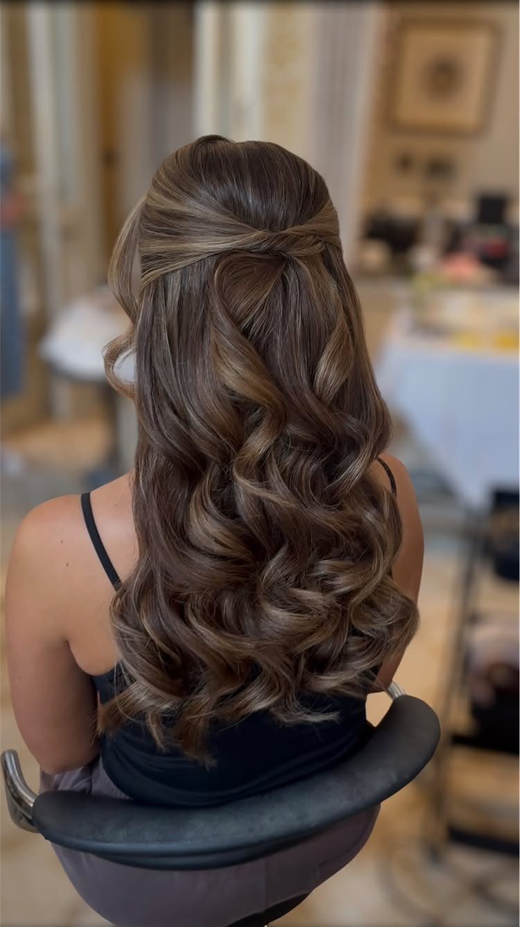 12 Long Brown Hair Ideas with Highlights, Curls and Layers 2 Long wavy brown hair with golden highlights styled in a half-updo from behind.