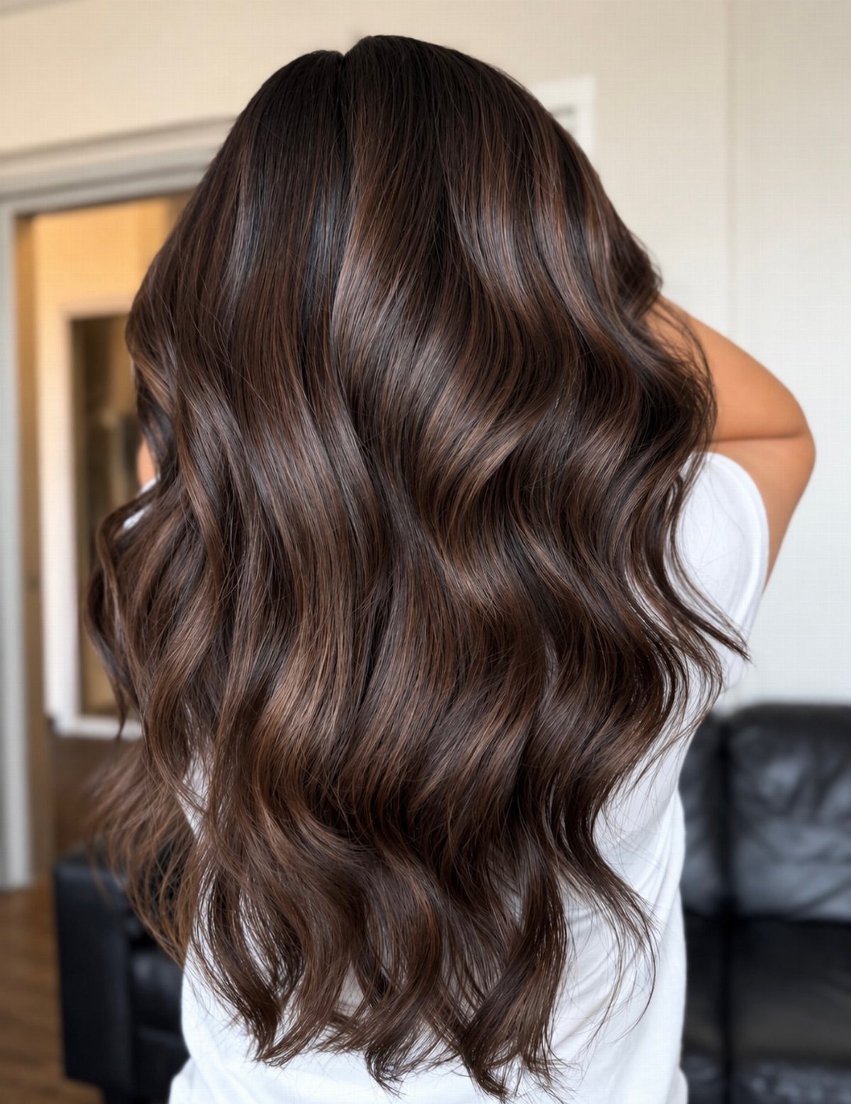 12 Long Brown Hair Ideas with Highlights, Curls and Layers 4 Long wavy dark brown hair with subtle mocha highlights seen from behind.
