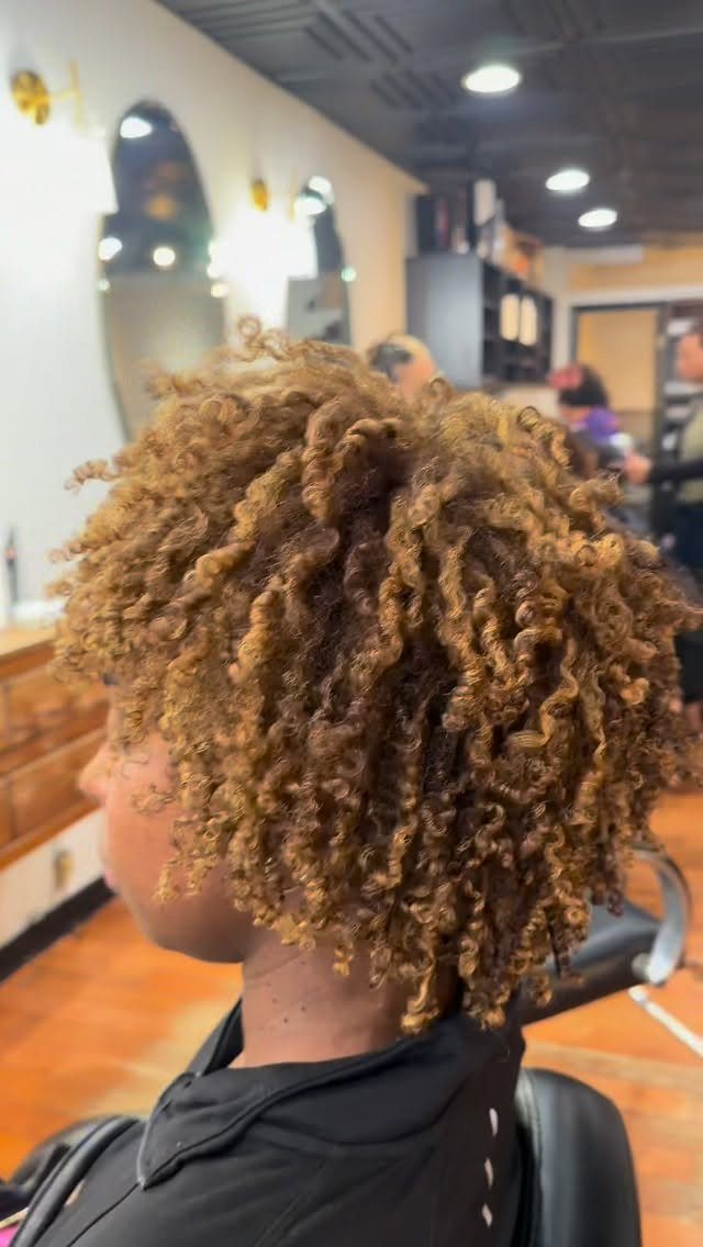 Person with short, voluminous golden-brown curly fro hairstyle in a hair salon.