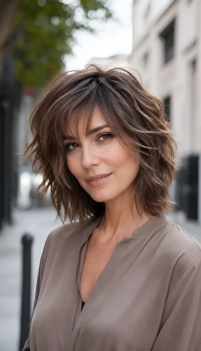 Woman with a textured, layered brown bob and bangs posing on a city street