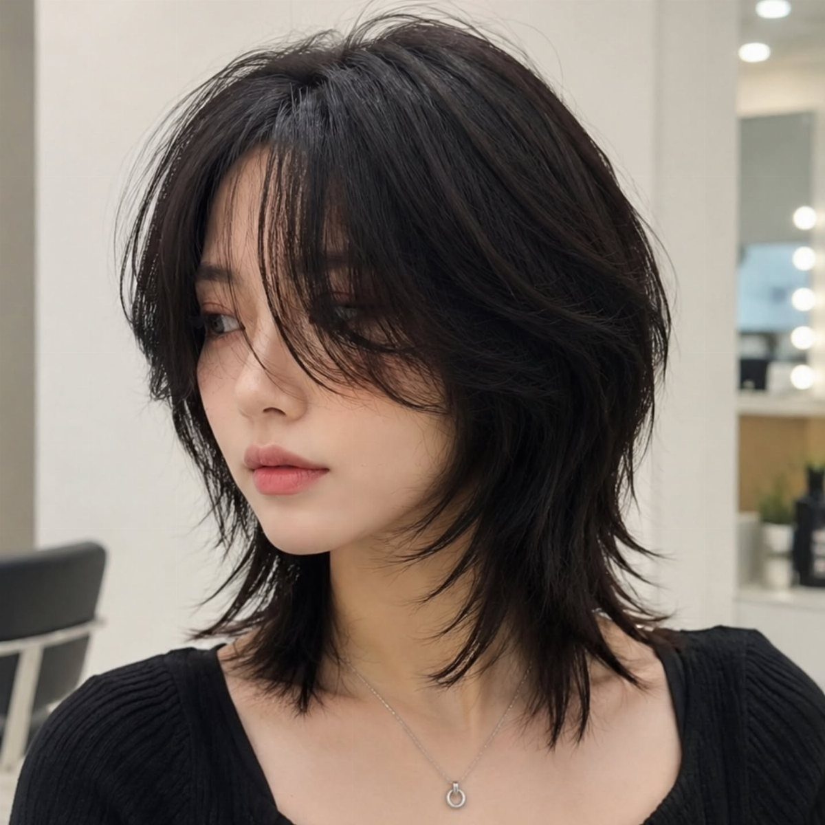 Woman with a dark brown wolf cut featuring choppy, textured layers and wispy ends.