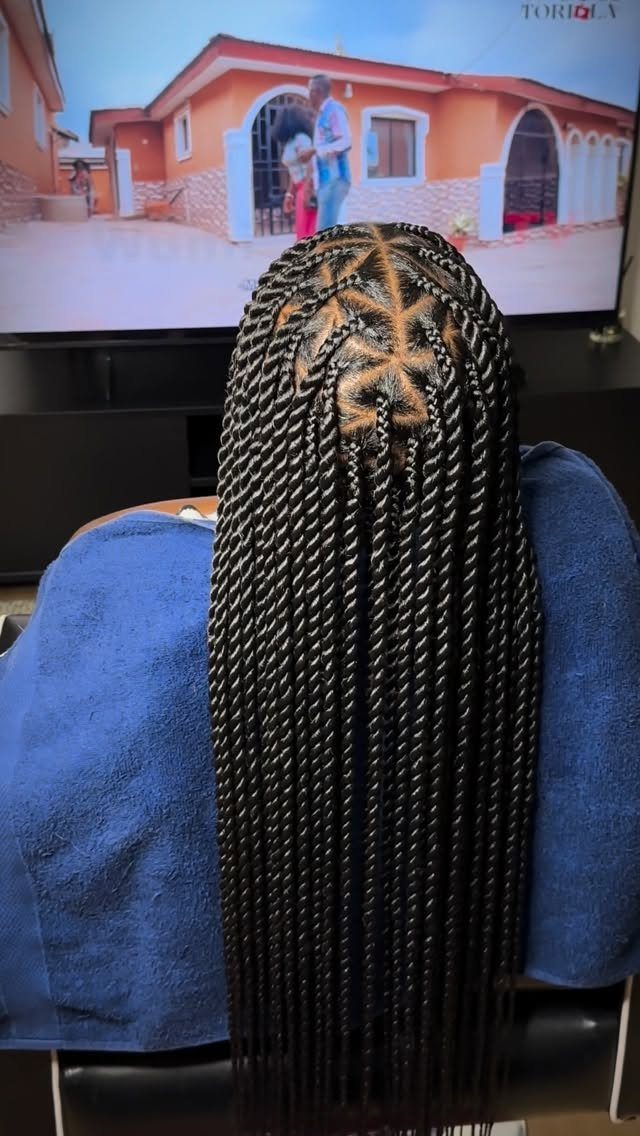 Long black Senegalese twists with geometric parting seen from the back.