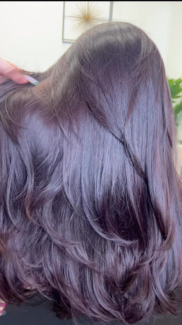 5 No Bleach London Vivid Berry Hair Color Ideas 5 Deep berry purple wavy hair shown in a close-up hair color demonstration.