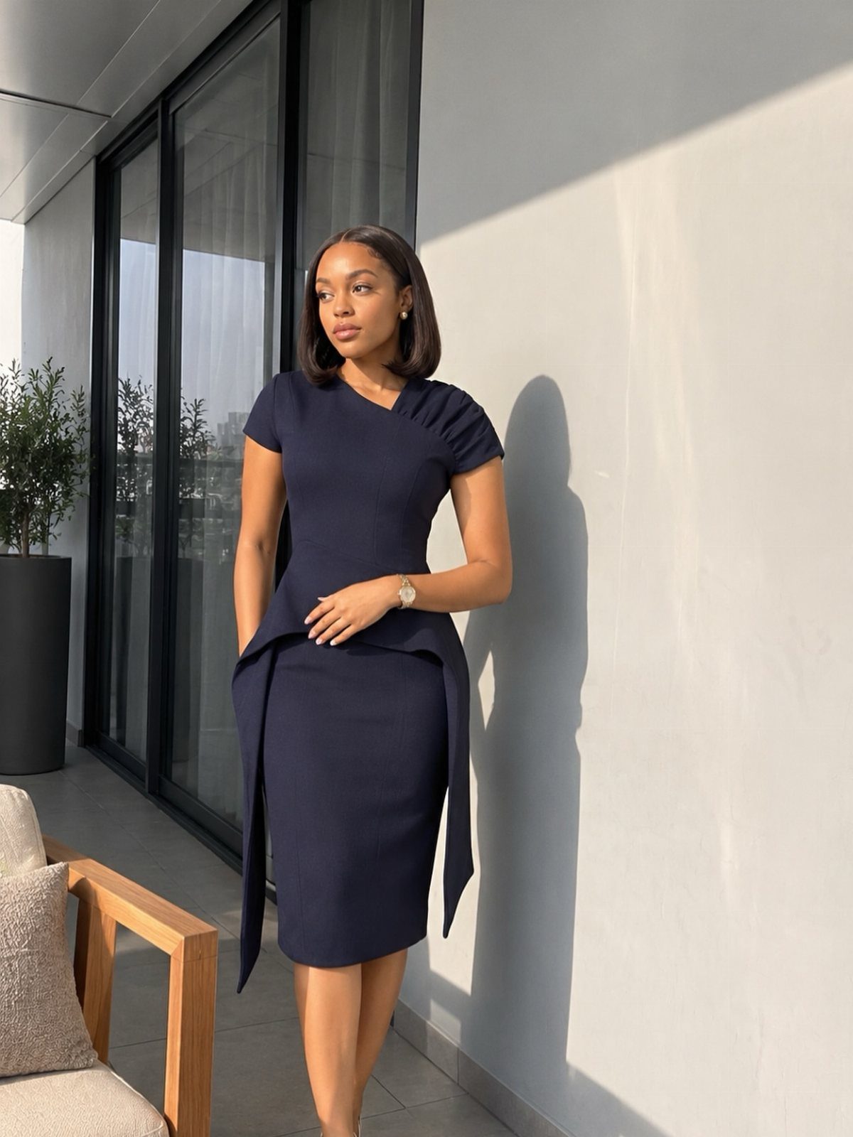 Woman wearing a navy blue midi dress standing on a sunny modern balcony.
