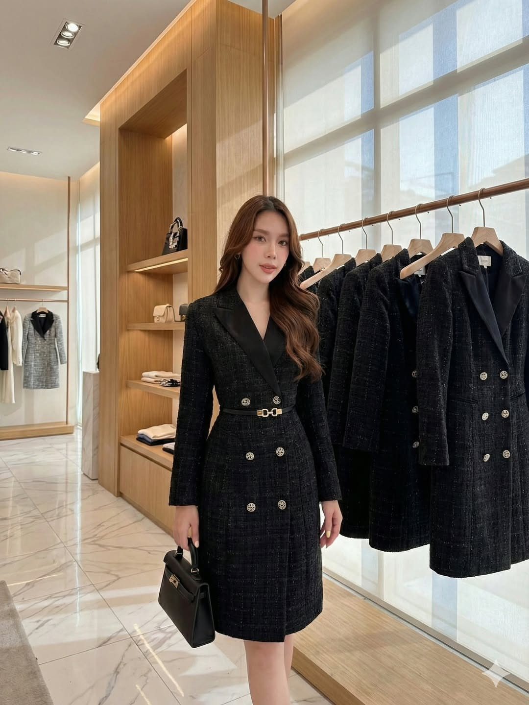 Woman wearing a black tweed sheath dress with gold buttons in a boutique.