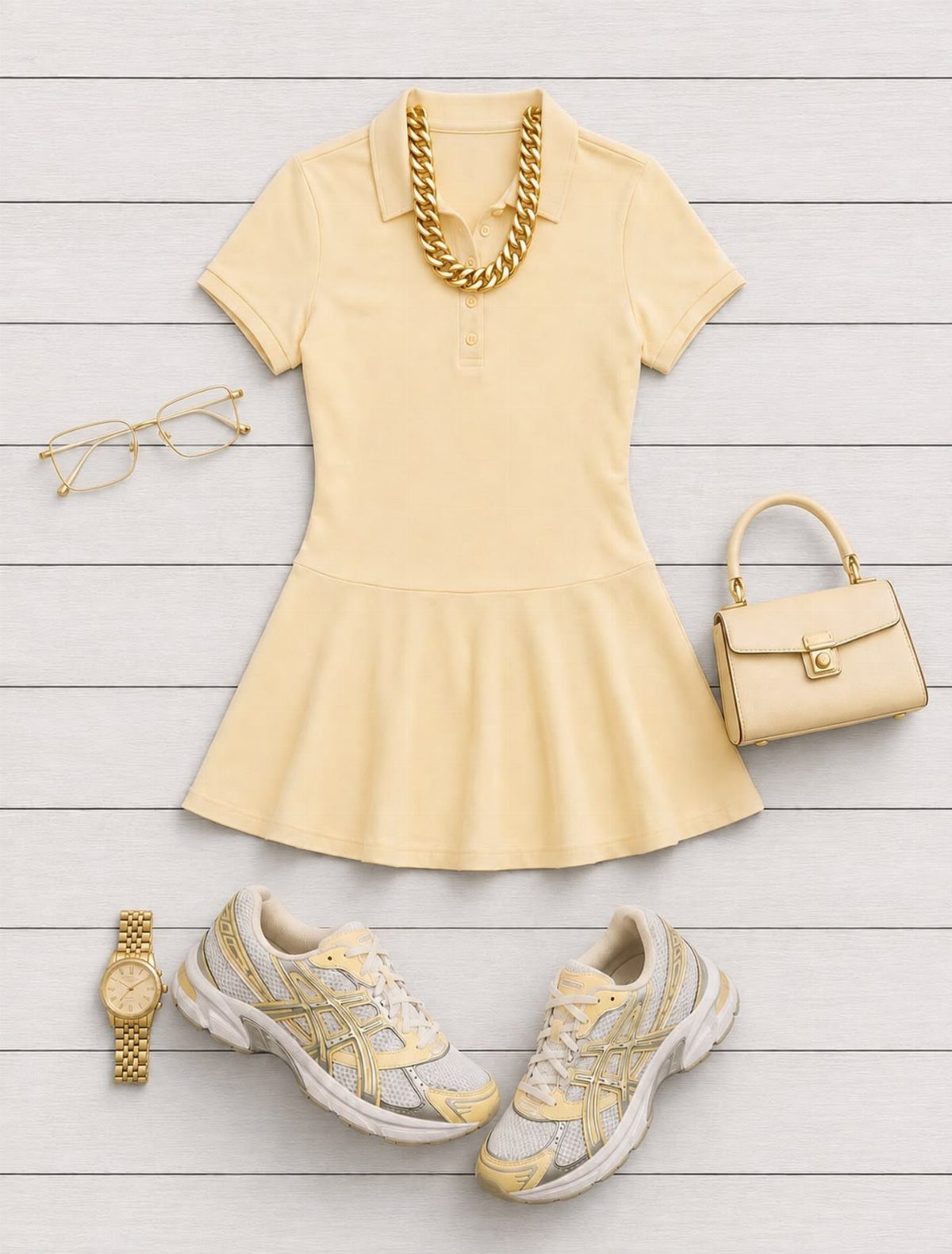 Pale yellow polo dress with gold accessories and beige sneakers on white wood.
