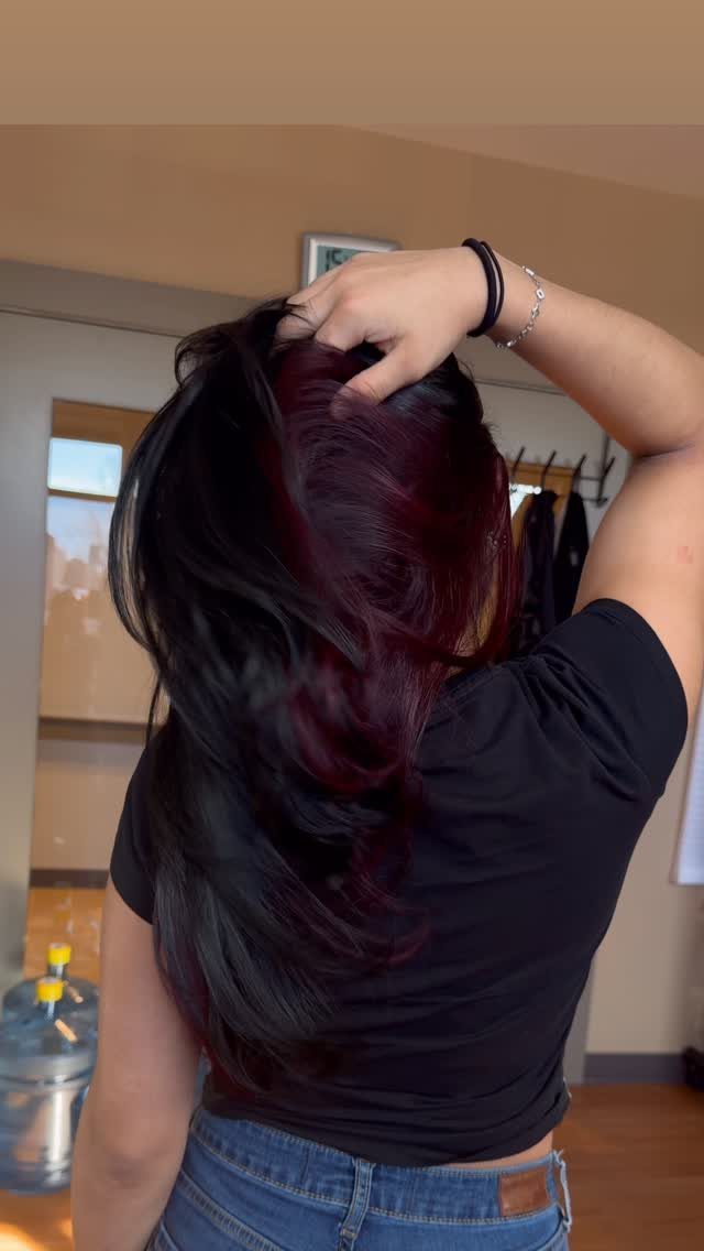 Oxblood Hair Color Ideas: 5 Looks for Every Length 1 Long dark hair with deep burgundy red highlights seen from behind.