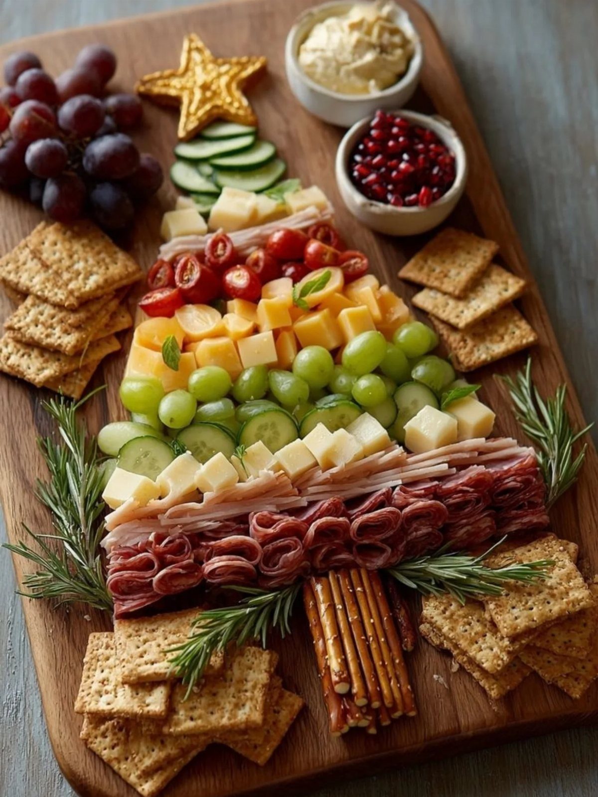 Christmas tree shaped charcuterie board with meats, cheeses, fruits, and crackers on wood.