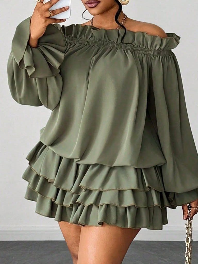 Olive green off-shoulder mini dress with ruffled sleeves and tiered skirt on a person.