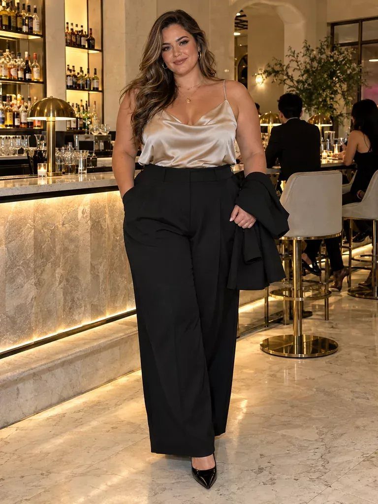 Plus-size woman wearing a champagne satin camisole and black wide-leg trousers in a bar