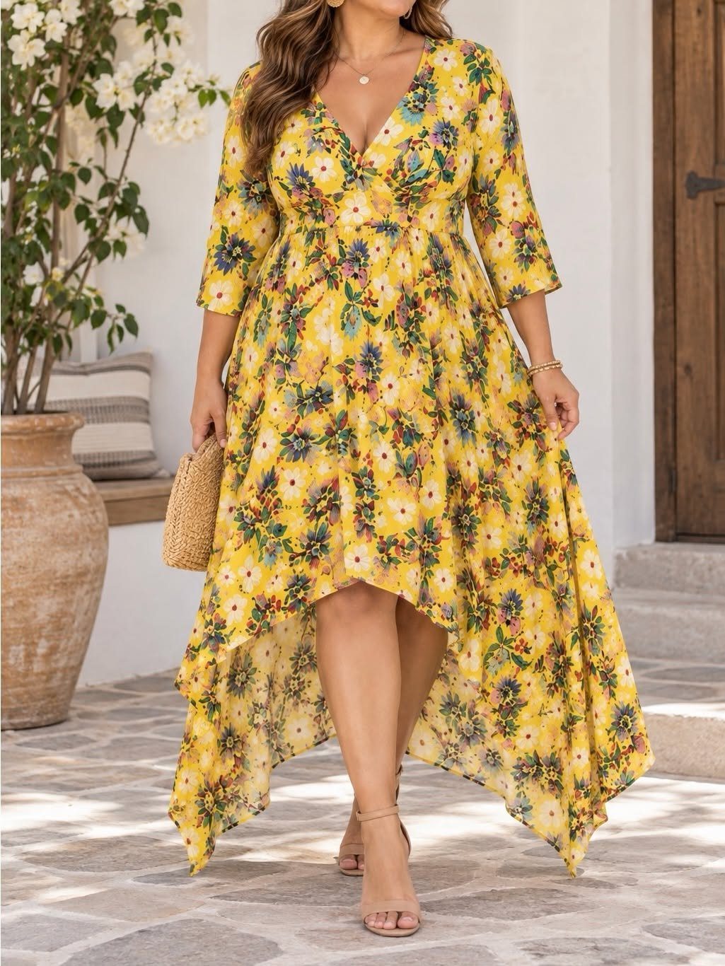 Plus-size woman in a yellow floral high-low petal hem dress and nude heels.