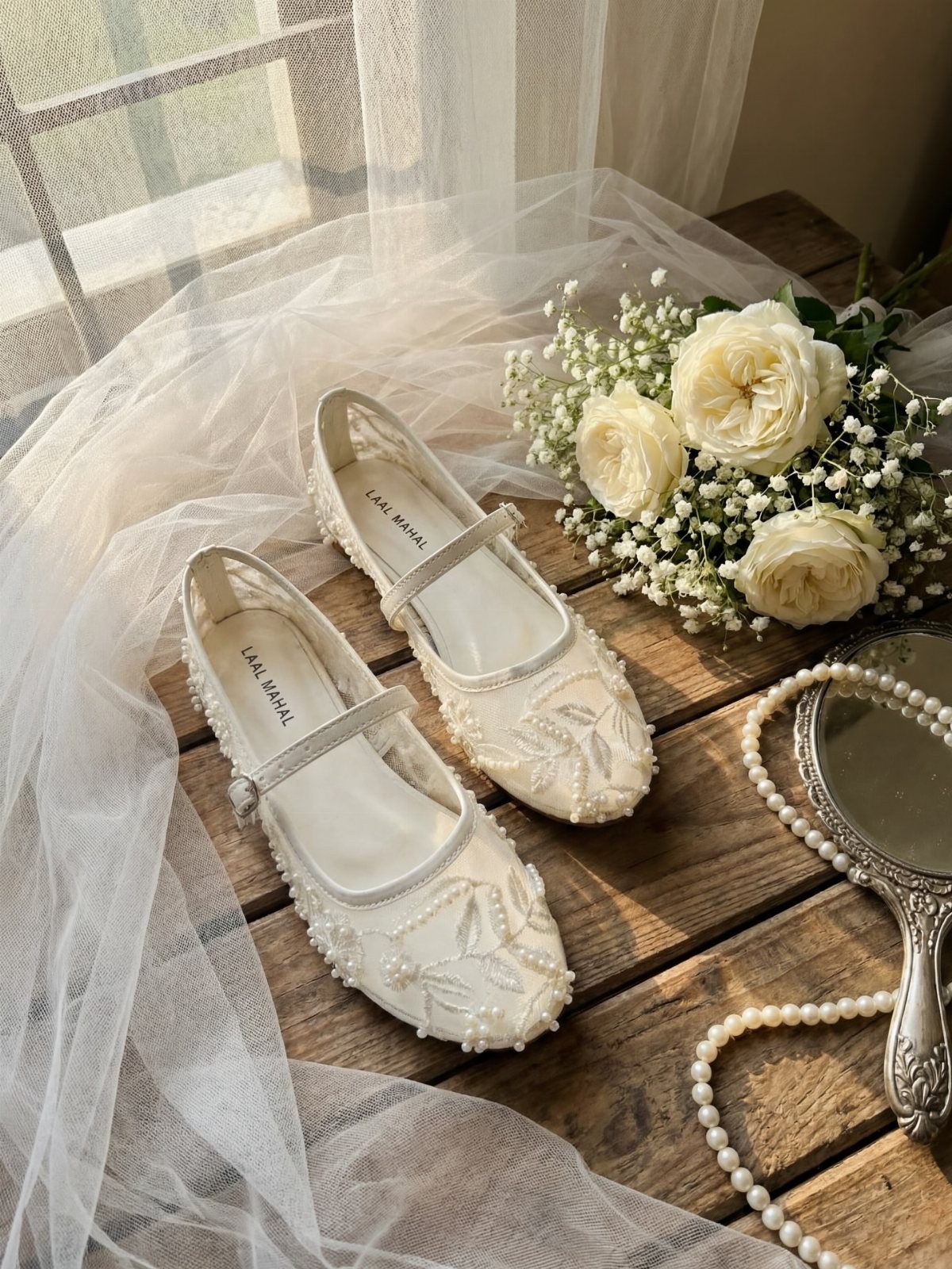 Ivory pearl-embellished lace Mary Jane flats on a wooden table with white flowers.