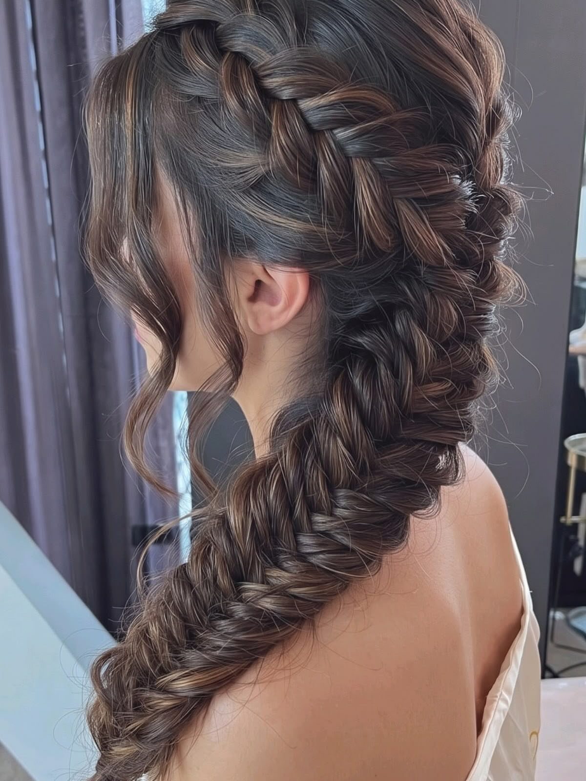 Long brown hair styled in a thick fishtail braid with loose face-framing curls.
