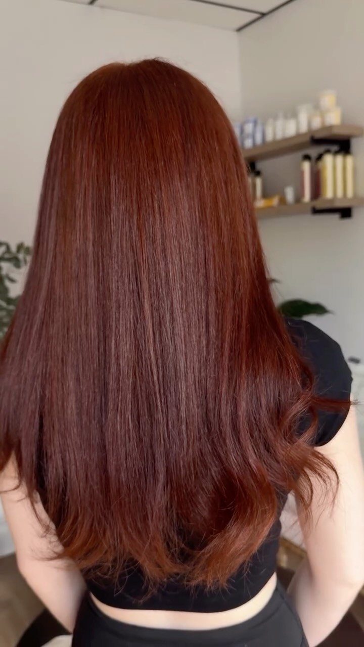 13 Red Undertones Hair Ideas, From Copper to Burgundy 6 Long auburn hair with rich red-brown tones seen from the back.