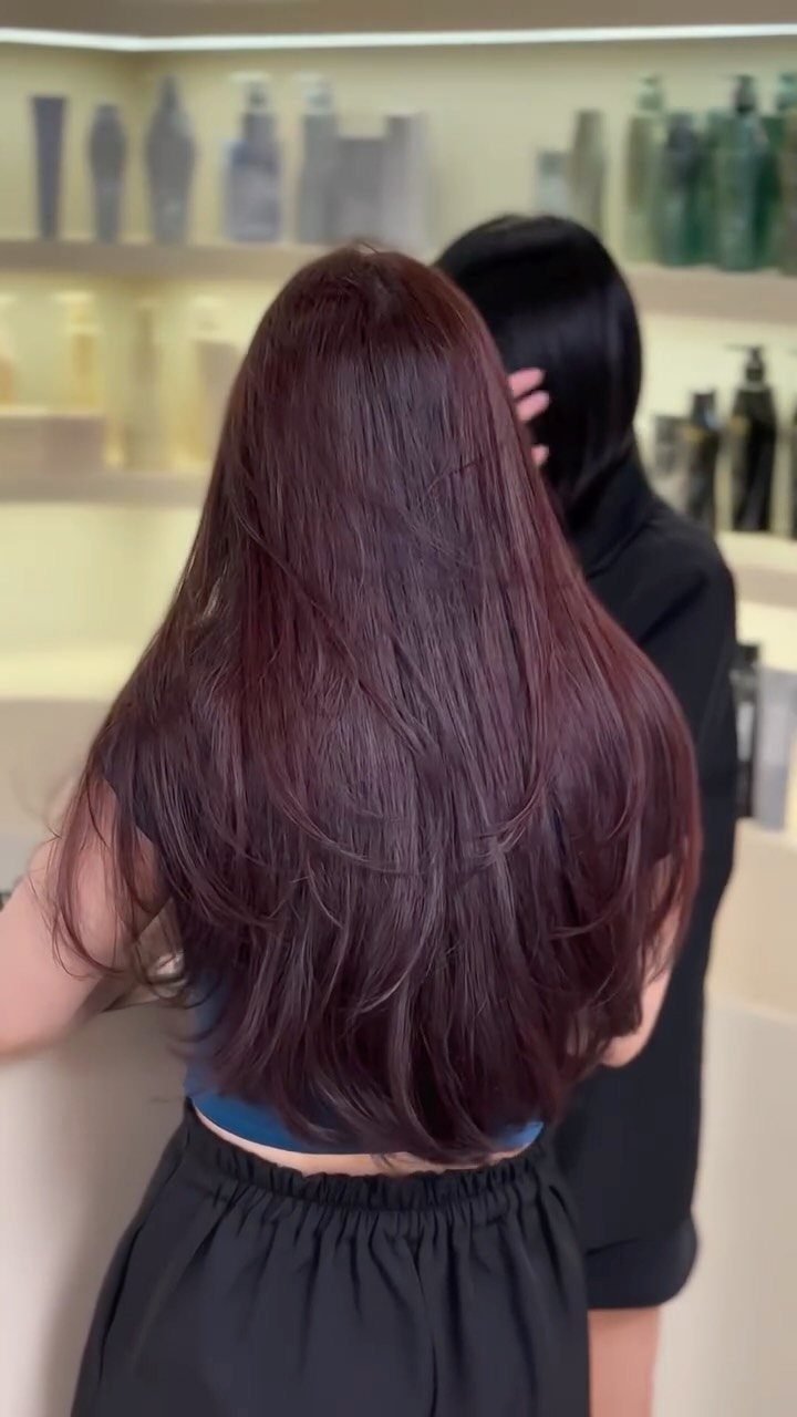 13 Red Undertones Hair Ideas, From Copper to Burgundy 8 Long wavy deep mahogany hair shown from the back in a hair salon