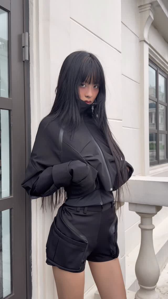 Woman wearing a black cropped technical jacket and cargo shorts against a white wall