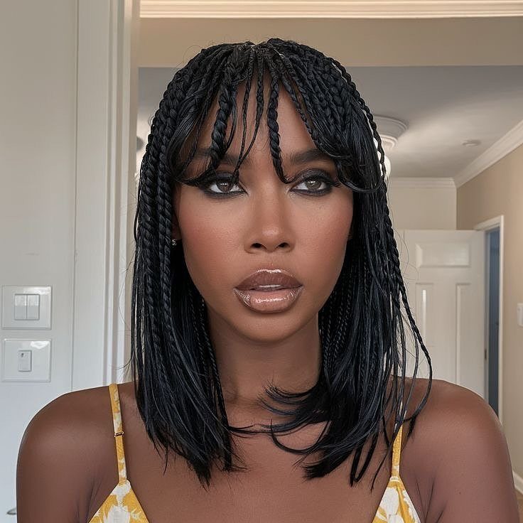 Woman with black box braids styled as a bob with braided bangs.