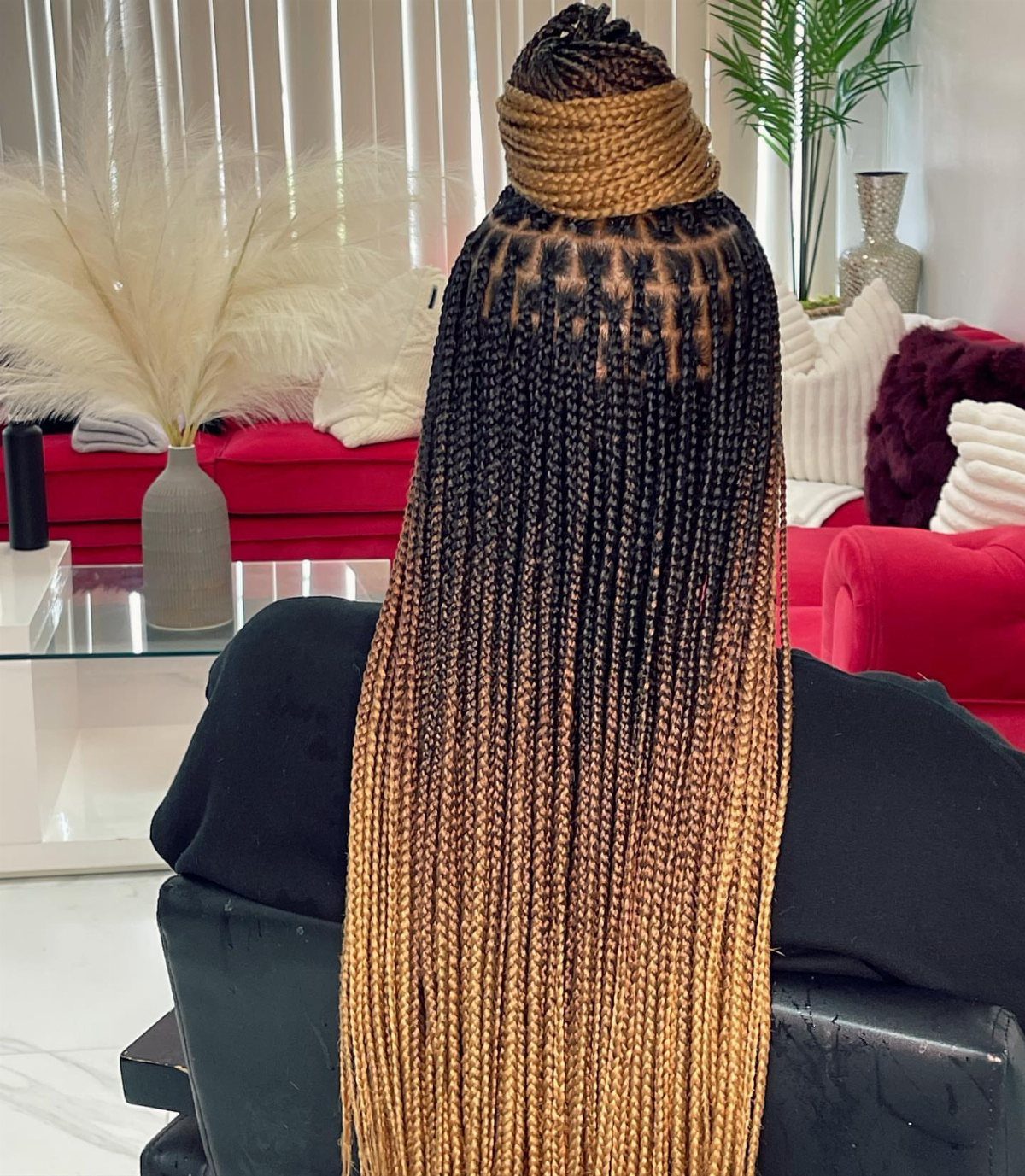 Long box braids with a black to honey blonde ombre color gradient.