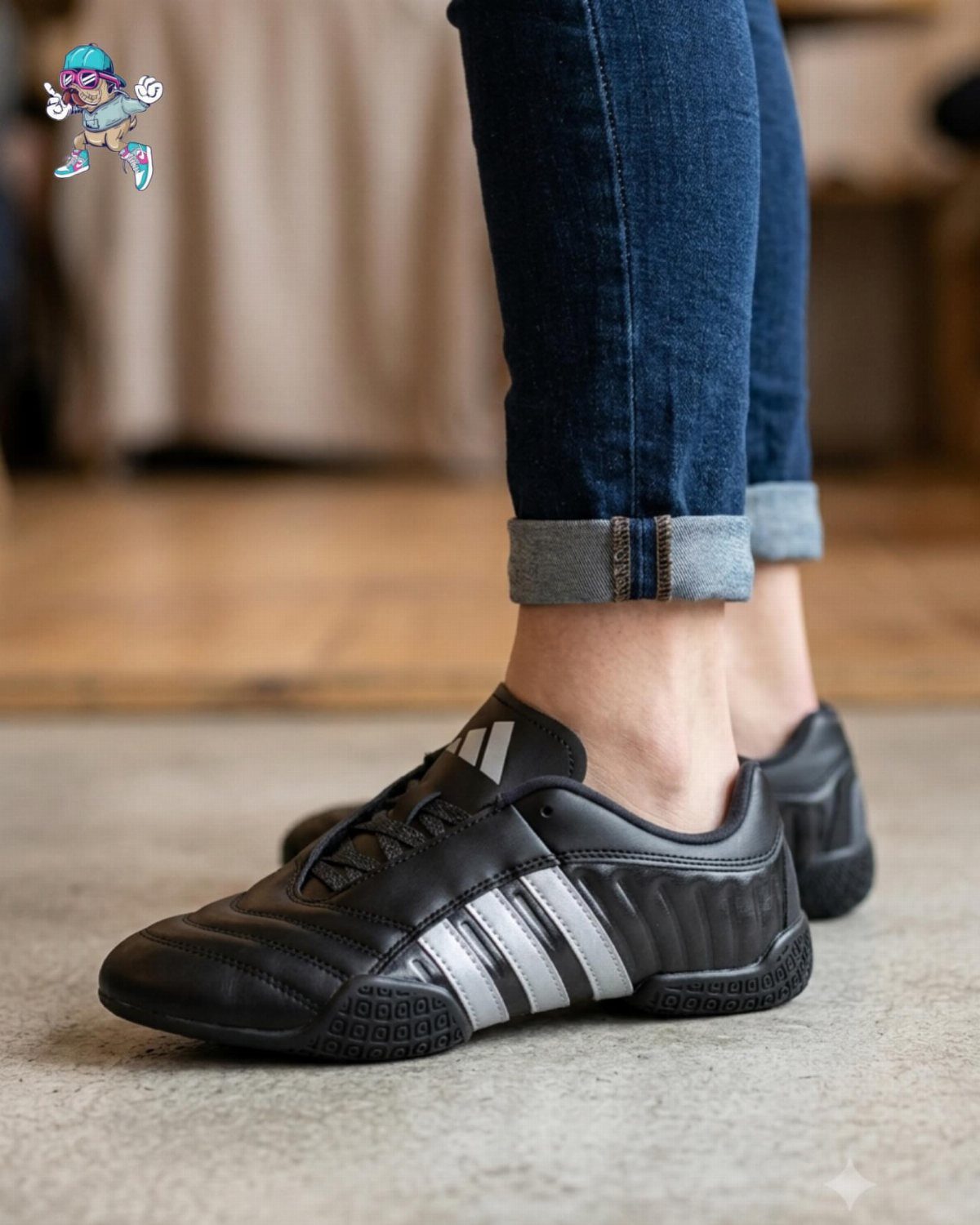 Black leather Adidas sneakers with white stripes worn with blue denim jeans.