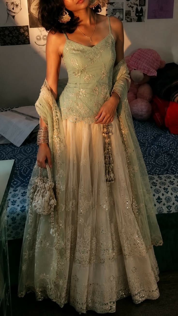 Person wearing a sage green tulle gown with a layered skirt and matching shawl.