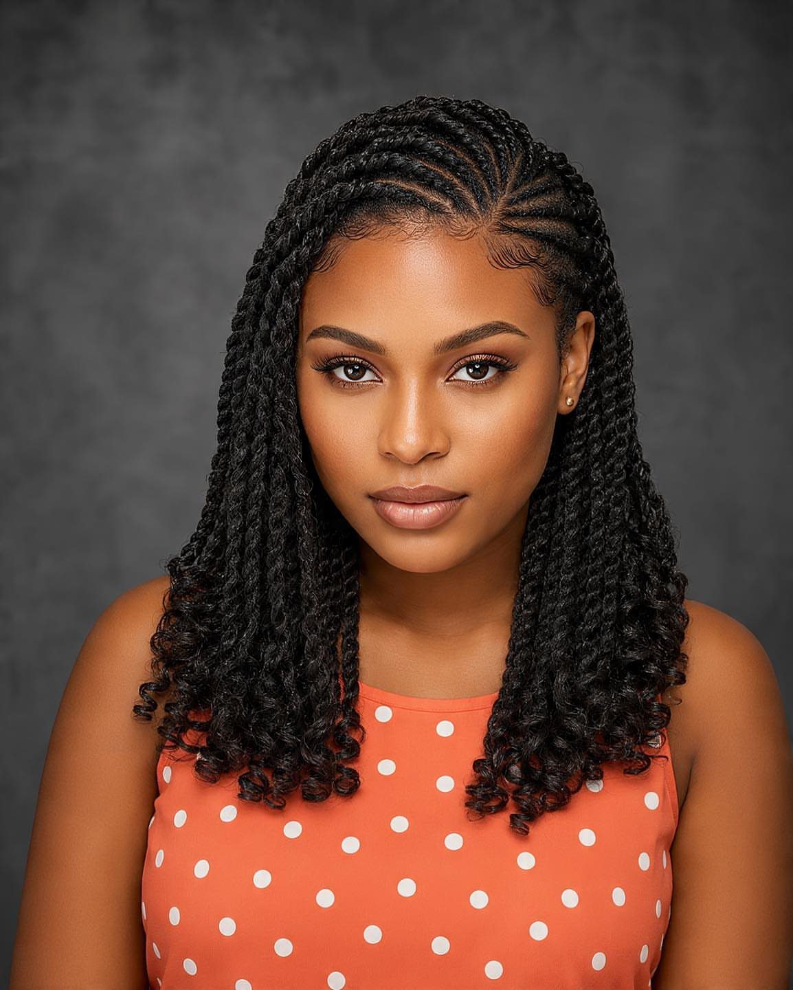 Two Strand Twist Natural Hair Women: 10 Style Ideas 9 Woman with long black two-strand twists and cornrows wearing orange polka-dot top.