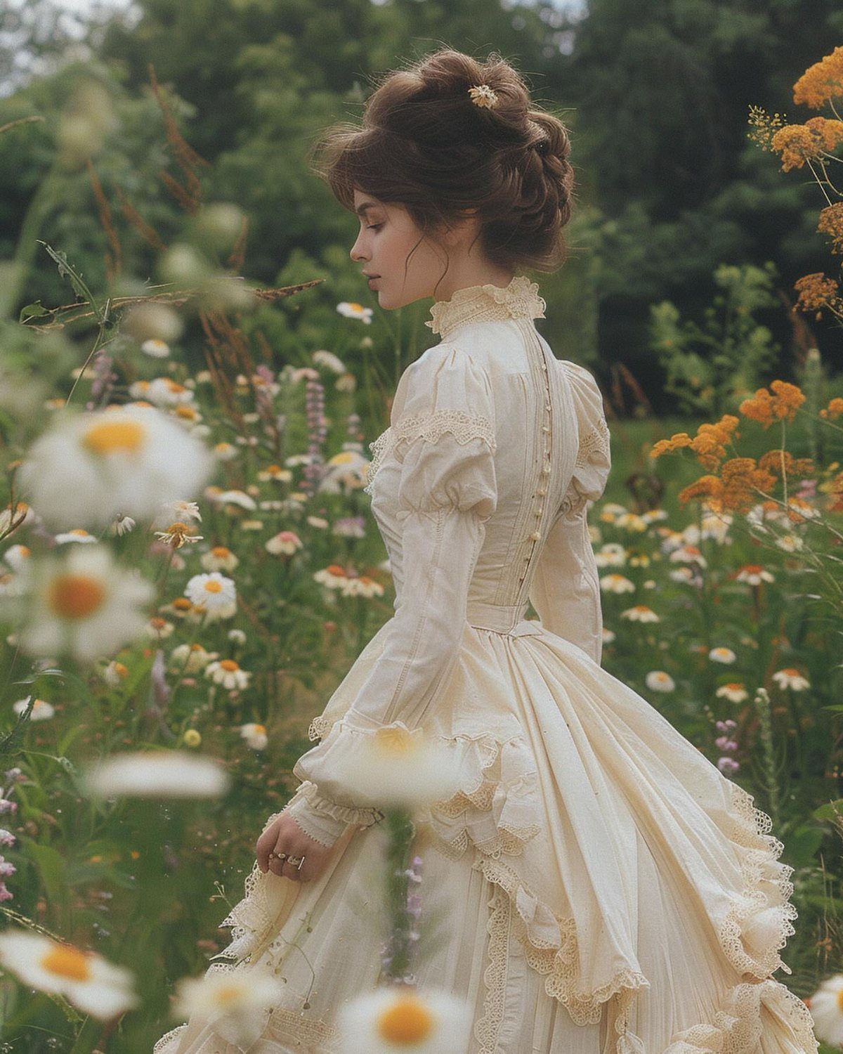 Victorian Era Sleeves: 6 Styles From Puffed to Bell 1 Woman in cream Victorian dress with puffed sleeves standing in a wildflower field.