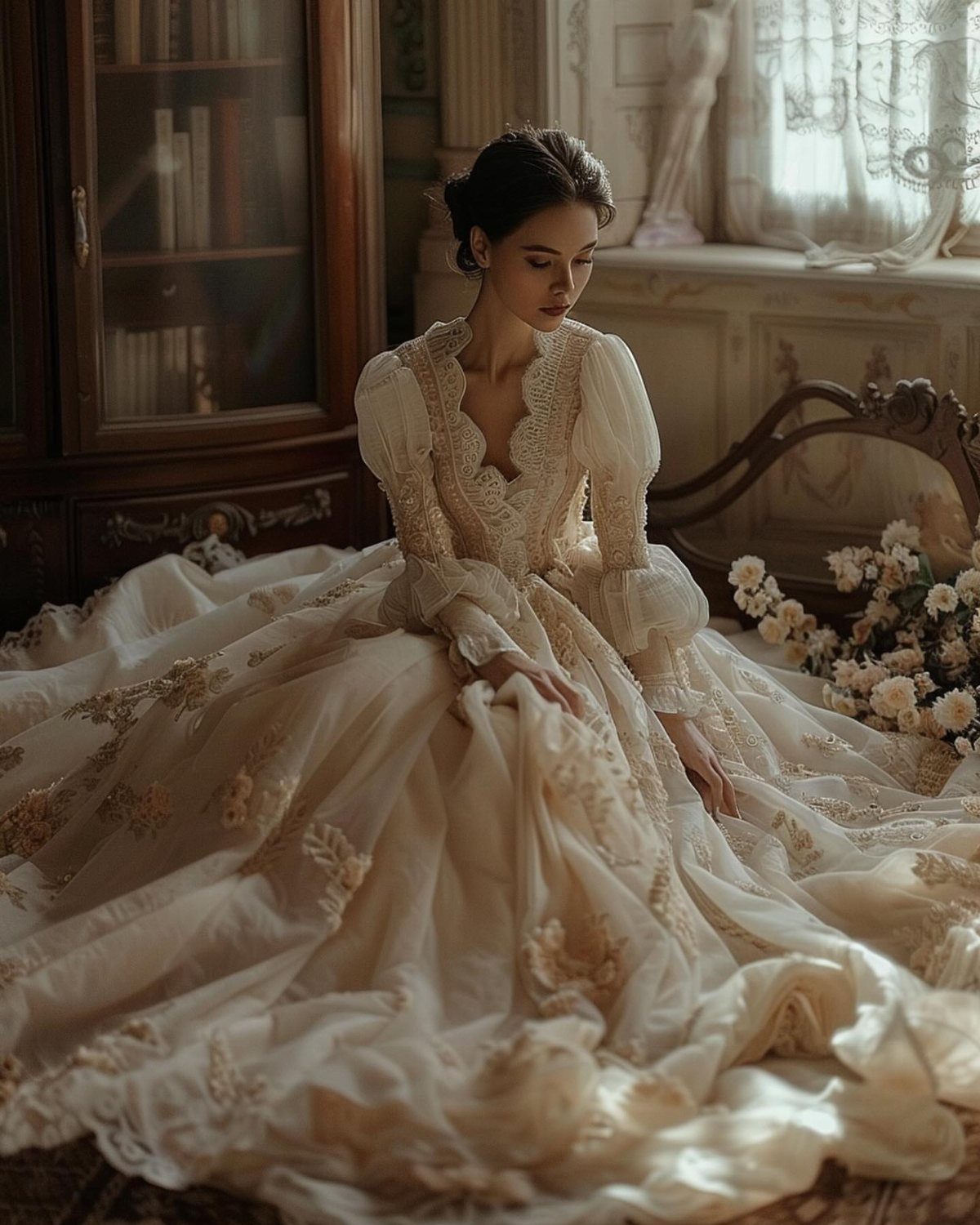Woman in a cream vintage wedding dress with a sculpted bodice and lace.