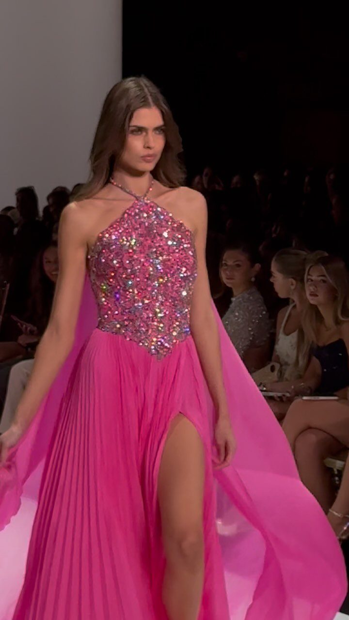 Vintage Runway Dresses: 5 Ideas from Versace to Slip Styles 4 Model in a pink sequined runway dress with a pleated skirt and cape.