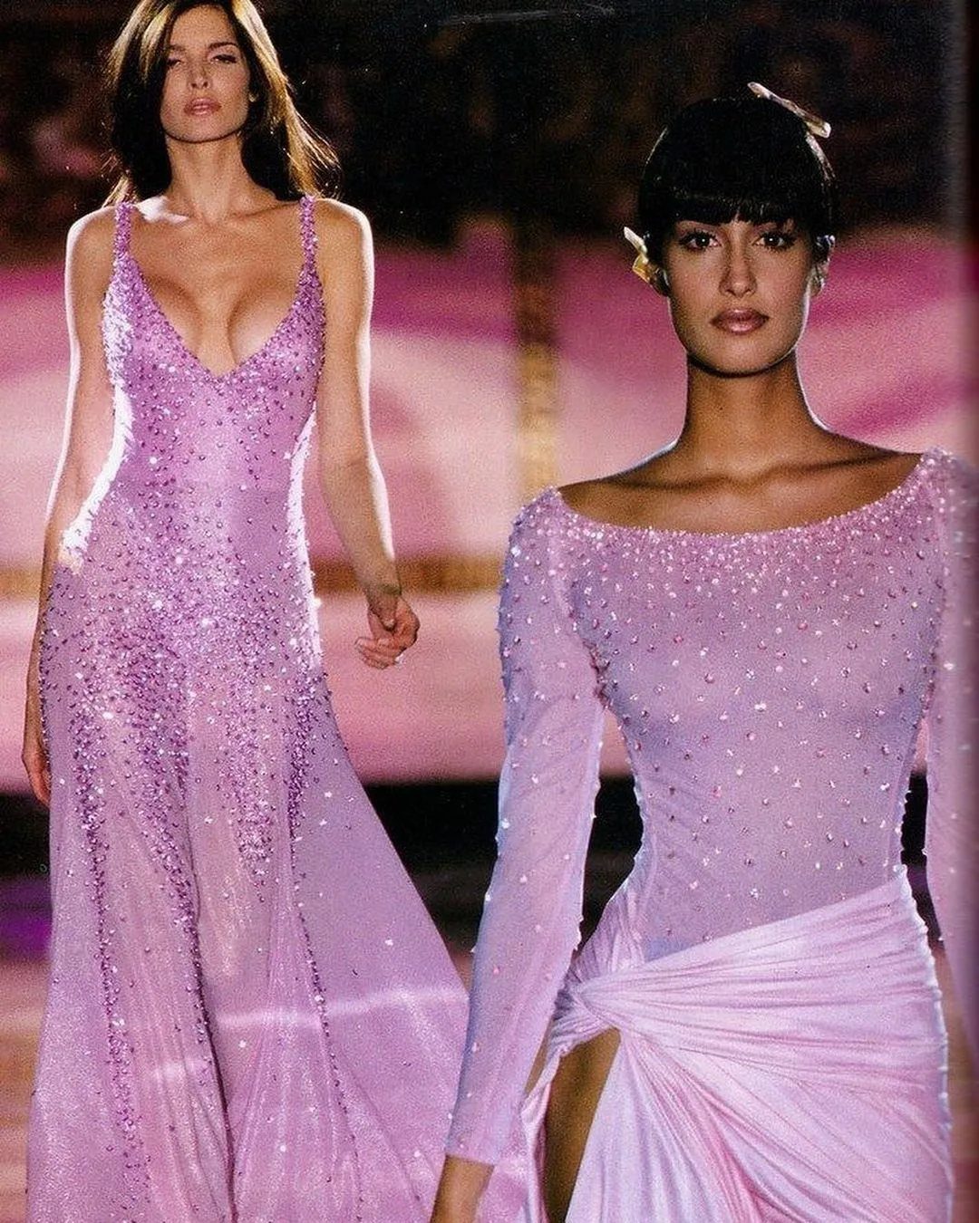Vintage Runway Dresses: 5 Ideas from Versace to Slip Styles 1 Two models wearing shimmering light purple sequined gowns on a fashion runway.