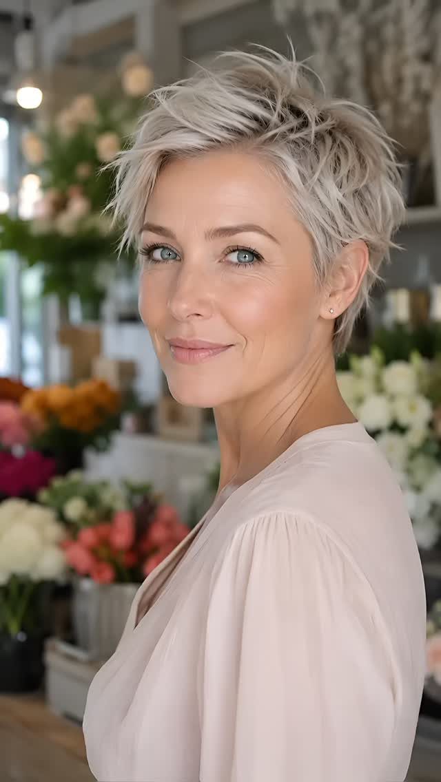 Woman with a short, textured blonde pixie cut posing in a flower shop.