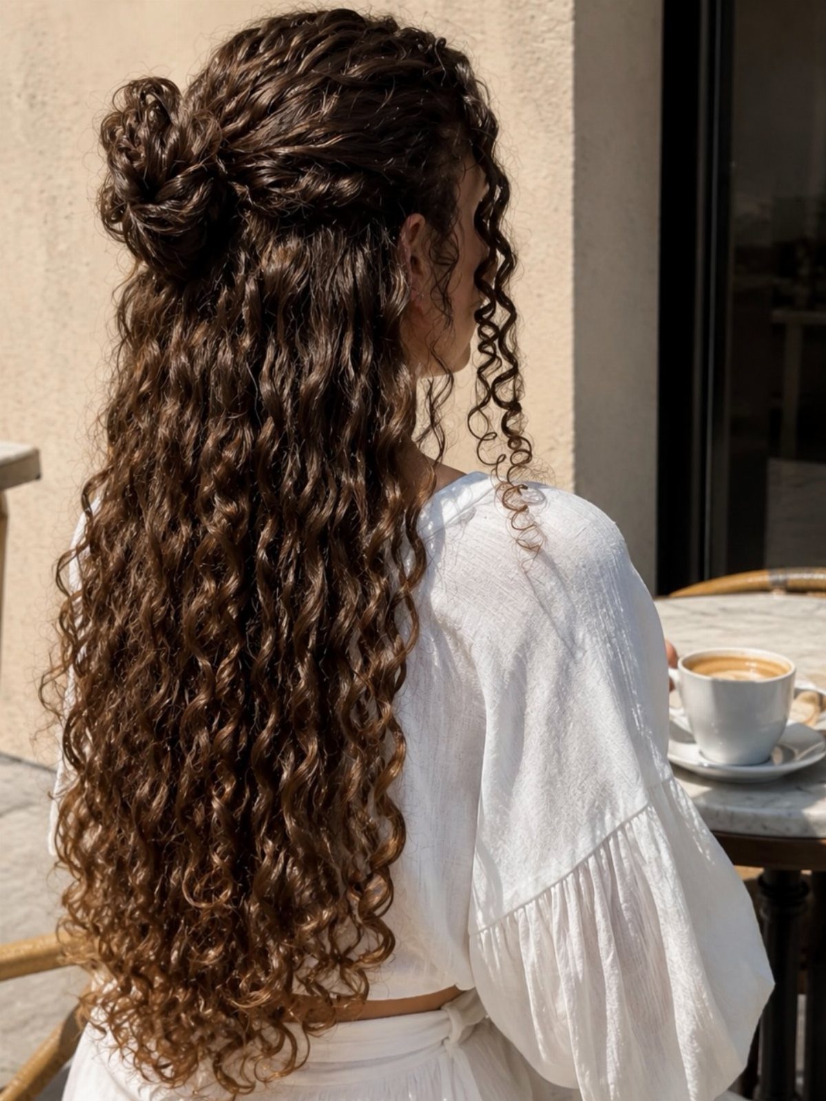 Woman with long voluminous brown curls in a half-updo sitting at a cafe.