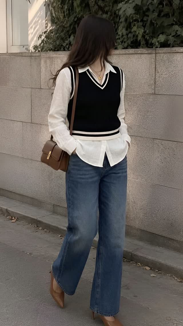 Woman wearing a white shirt under a black knit vest and blue jeans.