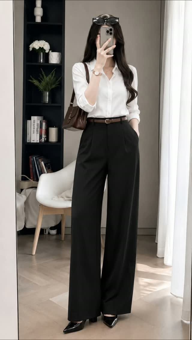 Woman wearing a white button-down shirt and black tailored wide leg trousers.