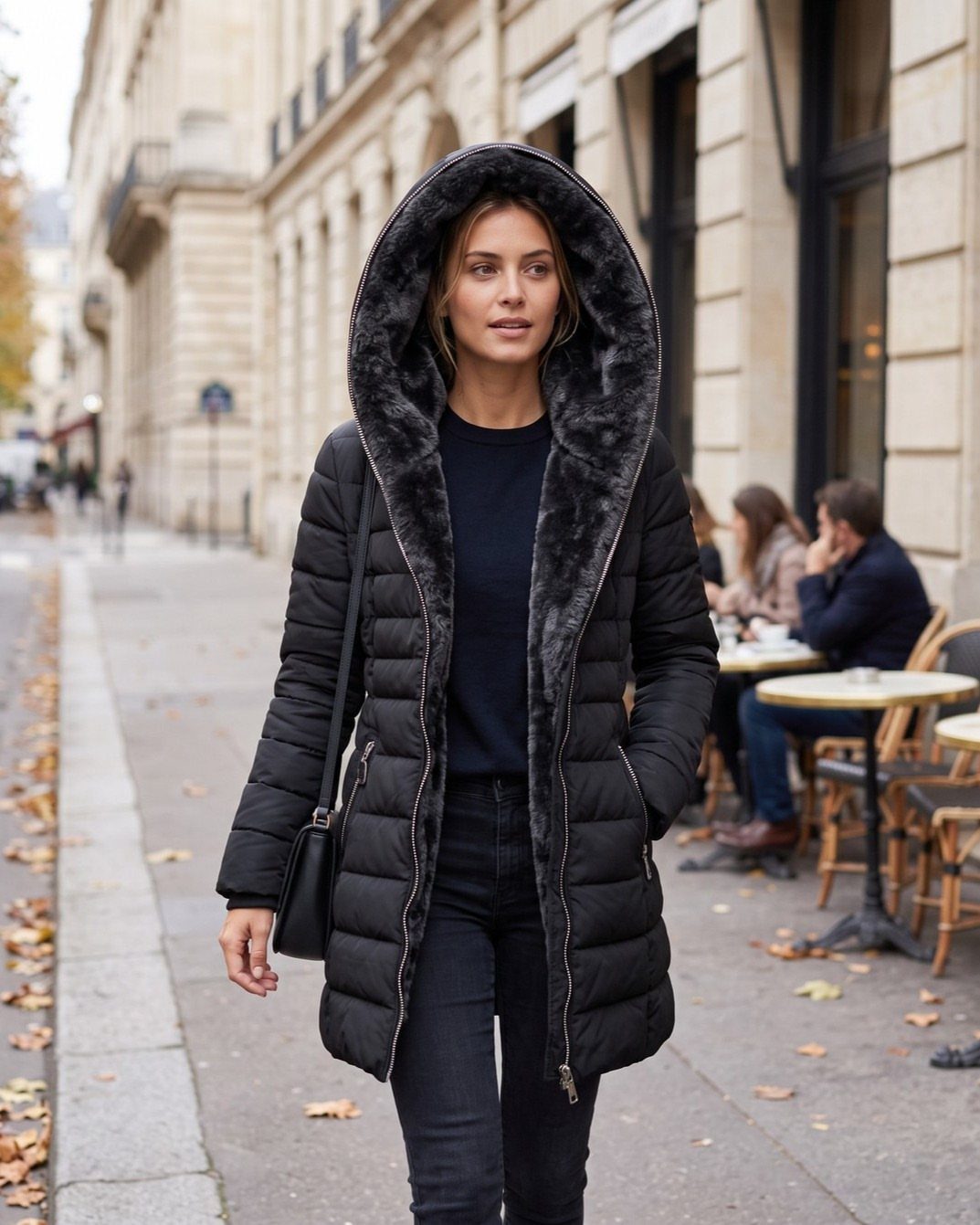 13 Winter Wear Ideas for Women: Coats, Knits and Boots 11 Woman wearing a black quilted puffer coat with fur-lined hood on city street