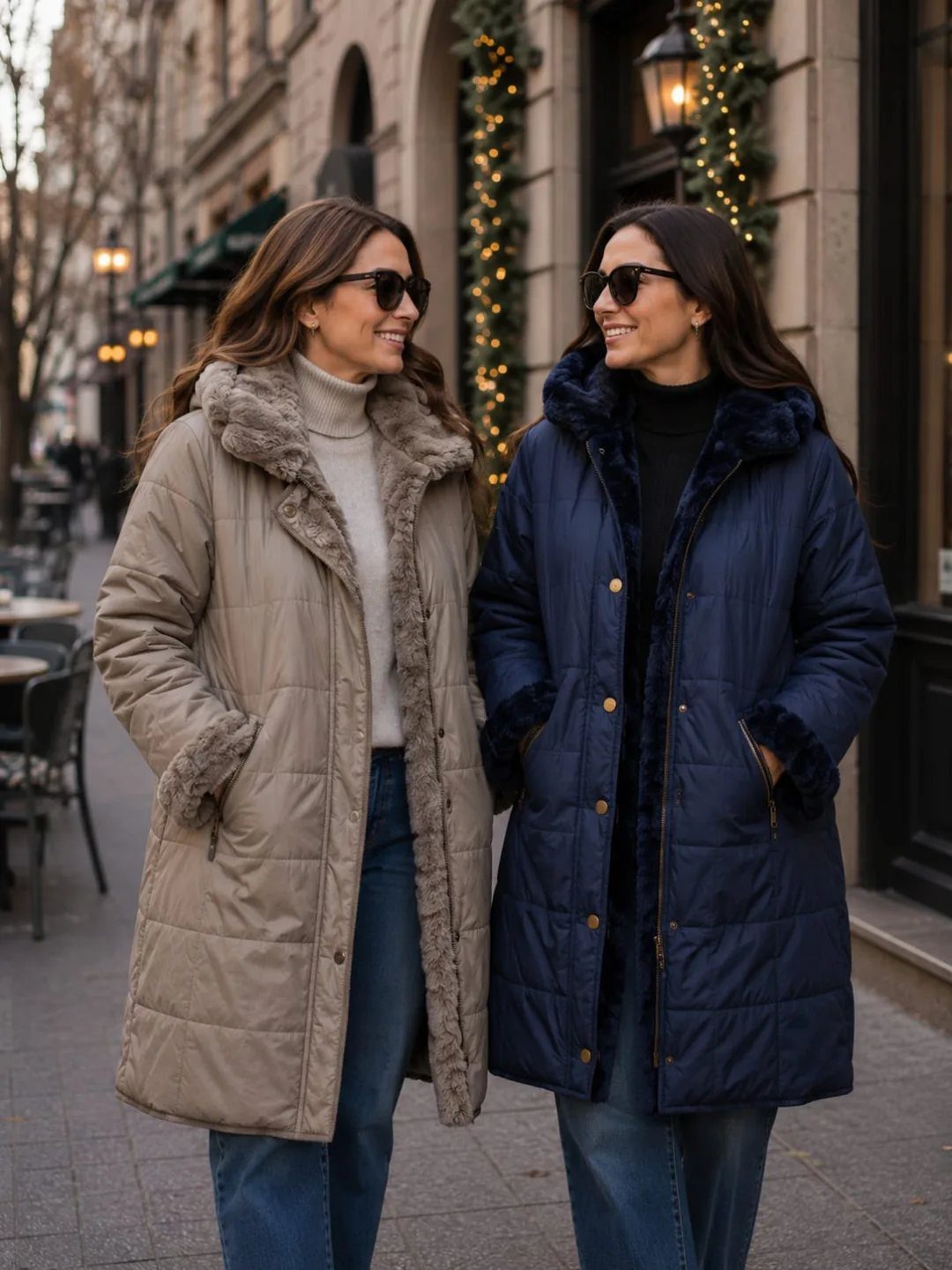 13 Winter Wear Ideas for Women: Coats, Knits and Boots 1 Two women wearing long quilted coats in beige and navy blue on a city street.