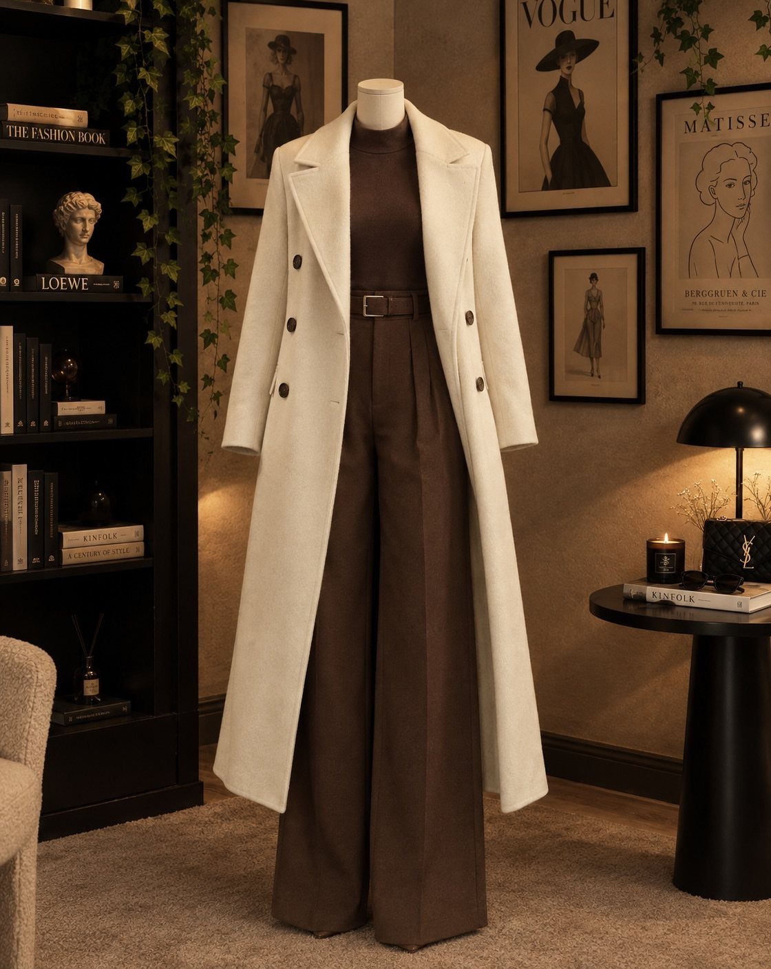 13 Winter Wear Ideas for Women: Coats, Knits and Boots 4 White wool coat over brown turtleneck and wide-leg trousers on a mannequin.